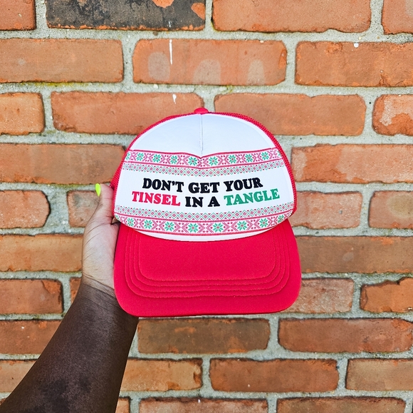 Holiday Christmas Trucker Hat | Don’t Get Your Tinsel in a Tangle | Red & White - Picture 4 of 14
